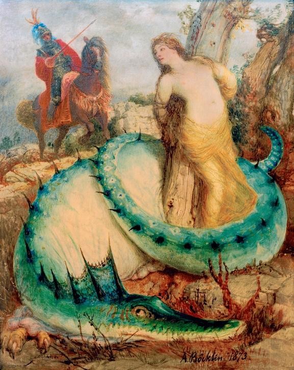 , Angelika, von einem Drachen bewacht (Erotik,Frau,Held,Kunst,Literatur,Mann,Pferd (Tier),Ritter,Reiter,Fabelwesen,Seeungeheuer,Gefangenenbefreiung,Befreiung (Gefangenschaft),Rettung,Ungeheuer,Bewachung,Schweizerische Kunst,Nacktheit,Sexualität,Halbakt,Deutschrömer,Drache (Fabelwesen))
