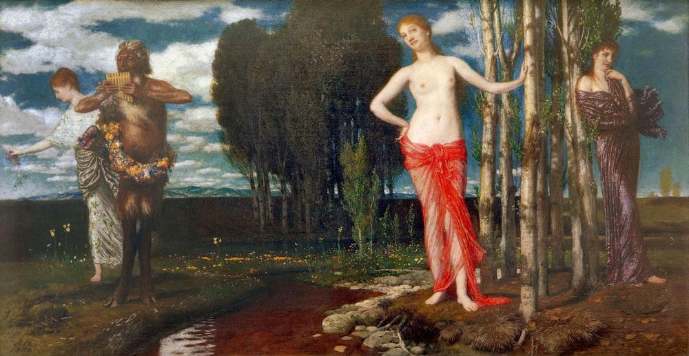 Arnold Böcklin, Frühlingserwachen (Deutsche Kunst,Frau,Jahr Und Kalender,Jahreszeiten,Landschaft,Mythologie,Nymphe,Frühling,Allegorie,Schweizerische Kunst,Halbakt,Personifizierung,Griechisch-Römische Mythologie)