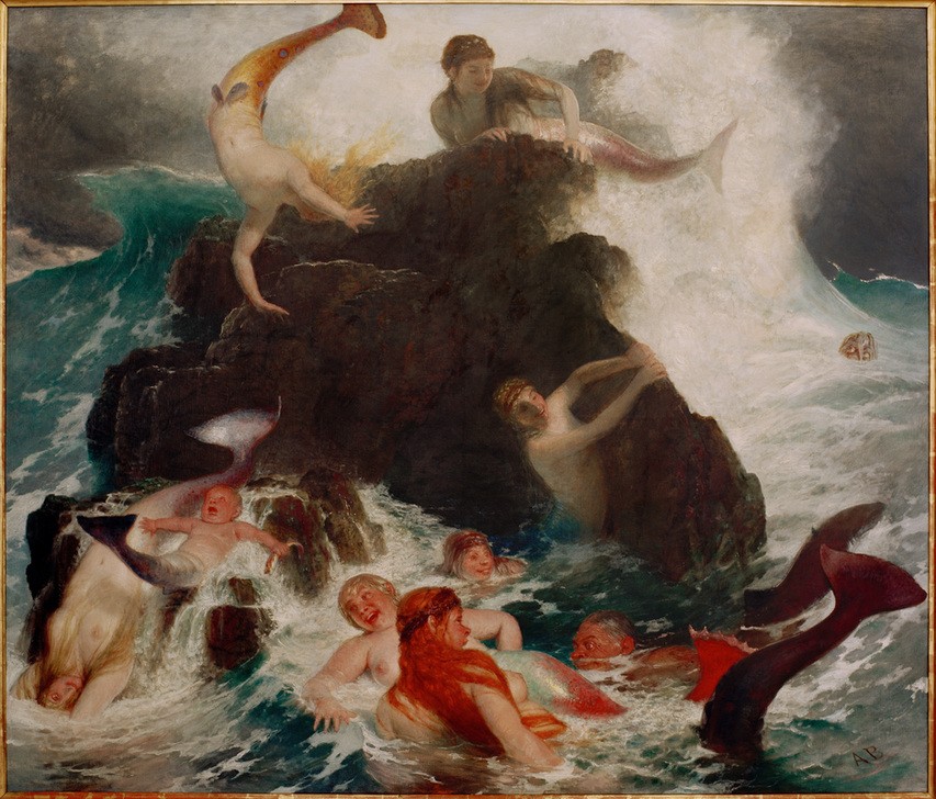 Arnold Böcklin, Das Spiel der Nereiden (Deutsche Kunst,Elemente,Erotik,Mythologie,Wasser,Meer,Fabelwesen,Brandung,Felsen,Schweizerische Kunst,Ausgelassenheit,Wassermann (Fabelwesen),Griechisch-Römische Mythologie)