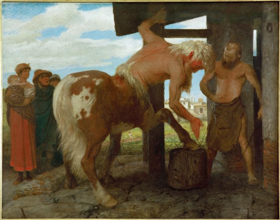 Arnold Böcklin, Kentaur in der Dorfschmiede (Deutsche Kunst,Mythologie,Schmied,Kentaur,Neugier,Schmiede,Schweizerische Kunst,Landleben,Zuschauen,Landbevölkerung,Griechisch-Römische Mythologie,Handwerk,Schaulust)