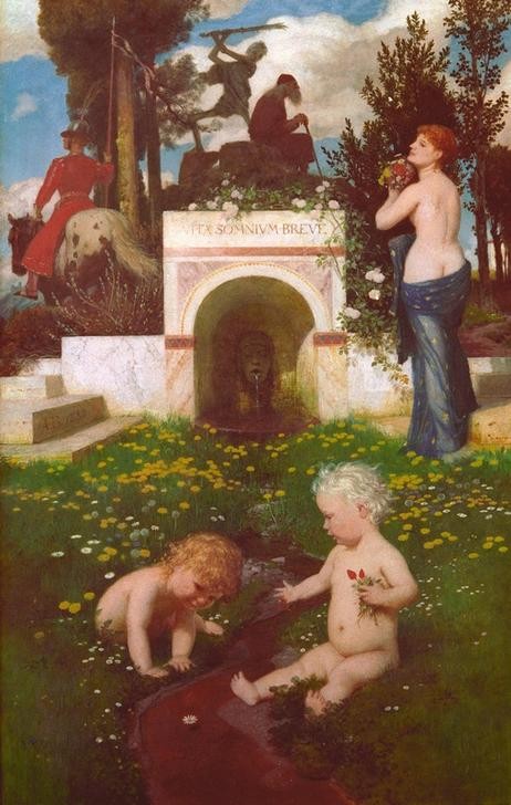 Arnold Böcklin, Vita somnium breve (Baby,Architektur,Deutsche Kunst,Frau,Kind,Landschaft,Lebensalter,Mann,Mensch,Tod,Brunnen,Reiter,Akt,Allegorie,Greis,Wiese,Rückenakt,Schweizerische Kunst,Im Freien (Allgemein),Halbakt,Kinderleben,Alter Mann,Licht Und Schatten,Inschrift)