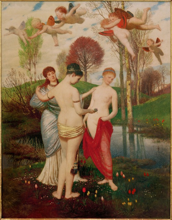 Arnold Böcklin, Frühlingshymne (Deutsche Kunst,Gewässer,Jahr Und Kalender,Jahreszeiten,Landschaft,Mythologie,Tulpe,Frühling,Allegorie,Wiese,Rückenakt,Bach,Schweizerische Kunst,Halbakt,Amorette,Blume,Personifizierung,Griechisch-Römische Mythologie)