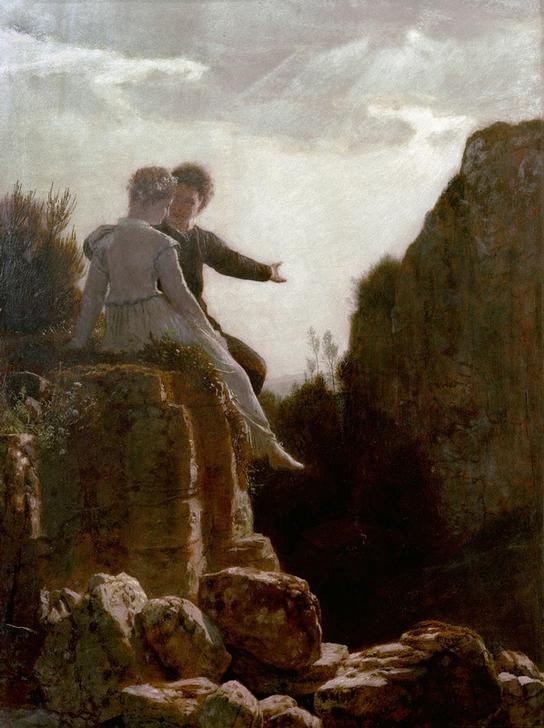 Arnold Böcklin, Hochzeitsreise (Ausflug,Ehepaar,Hochzeitsreise,Hochzeit,Landschaft,Liebe Und Ehe,Mensch,Gestik,Umarmung,Felsen,Schweizerische Kunst,Junges Paar,Sonnenlicht,Zeigen)