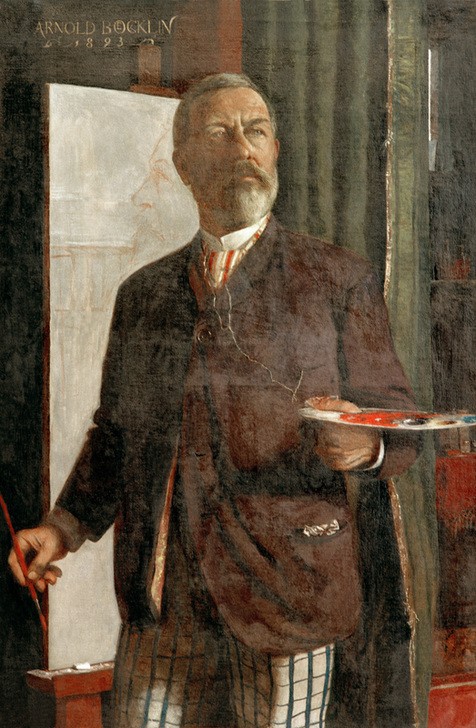 Arnold Böcklin, Selbstbildnis im Atelier (Atelier,Deutsche Kunst,Künstler,Maler (Künstler),Mann,Alter,Staffelei,Bart,Selbstbildnis,Künstler Bei Der Arbeit,Portrait,Palette,Pinsel,Schweizerische Kunst,Vollbart,Hose,Person,Kariert)