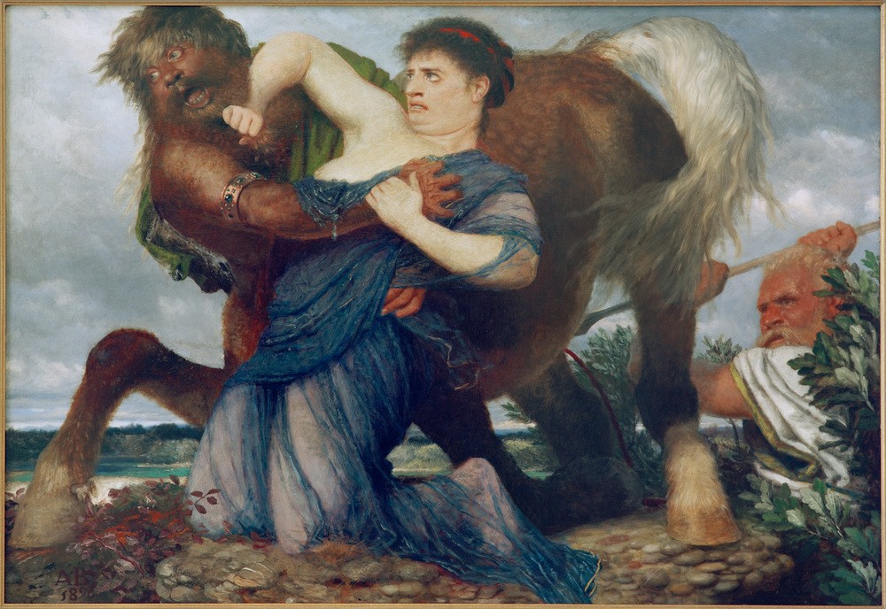 Arnold Böcklin, Deianira und Nessus (Deutsche Kunst,Mythologie,Waffe,Entführung,Speer,Frauenraub,Kentaur,Schweizerische Kunst,Dejanira,Rivale,Widerwillen,Jahrhundertwende,Griechisch-Römische Mythologie,Verwundung)