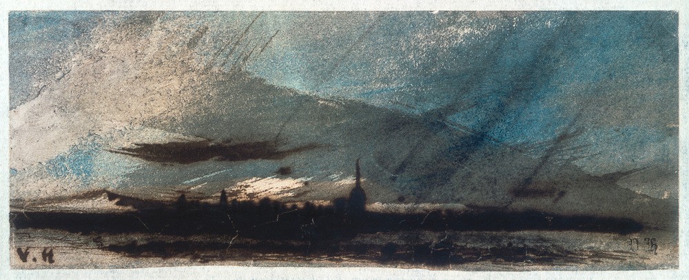 Victor Hugo, Ville au crepuscule (Landschaft,Tageszeiten,Abend,Stadtansicht,Französische Kunst,Dämmerung,Romantik,Person)