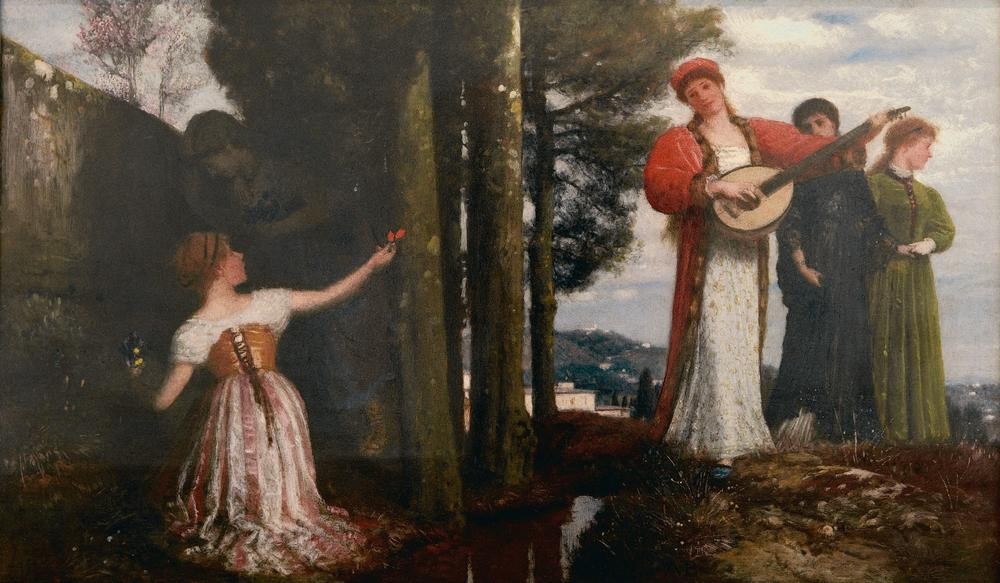 Arnold Böcklin, Sieh an, es lacht die Au (Erinnerung an San Domenico) (Deutsche Kunst,Jahreszeiten,Landschaft,Laute,Musik,Freizeit,Spaziergang,Instrument,Frühling,Reise,Schweizerische Kunst,Im Freien (Allgemein),Blumenpflücken,Geselliges Beisammensein)