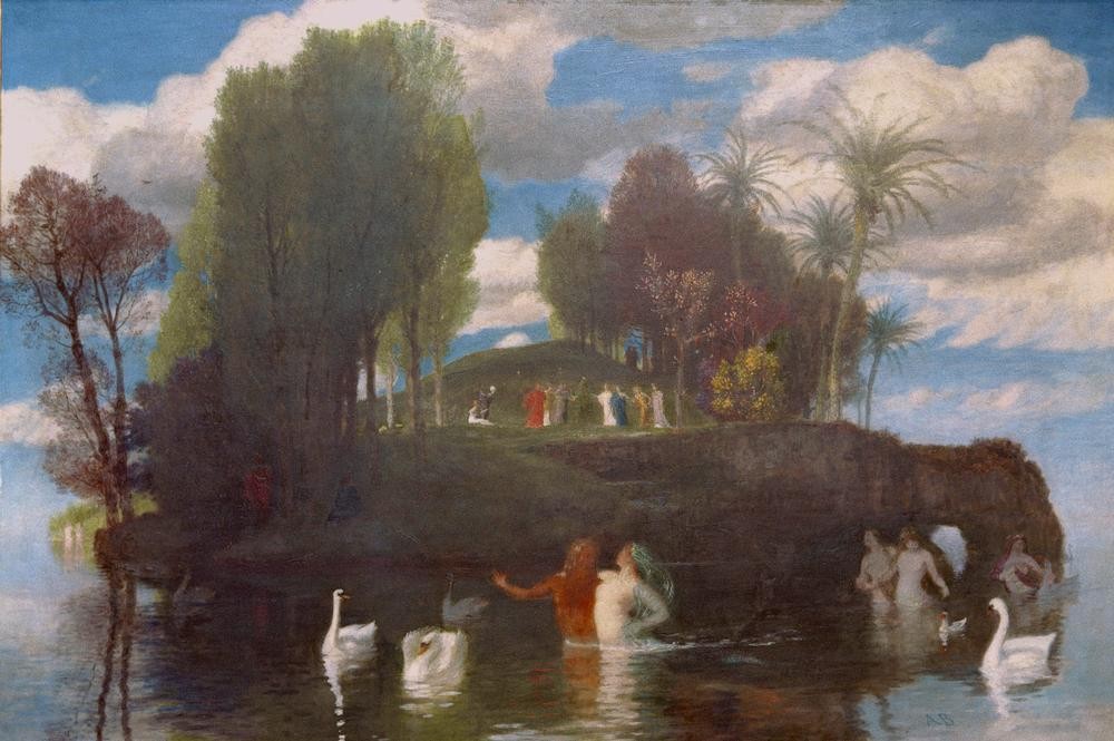 Arnold Böcklin, Lebensinsel (Insel,Bad Im Freien,Deutsche Kunst,Mythologie,Schwan (Tier),Elysium,Schweizerische Kunst,Jenseitsvorstellungen,Ideale Landschaft)