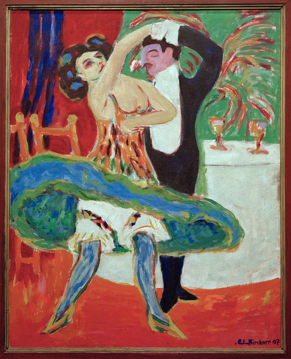 Ernst Ludwig Kirchner, Varieté (Englisches Tanzpaar) (Deutsche Kunst,Gesellschaftstanz,Musik,Nachtleben,Tanz,Theater,Unterwäsche (Damen),Variete (Entertainment),Expressionismus,Leidenschaft,Die Brücke,Paar,Pirouette,Bewegungsablauf,Tanzpaar,Tanzkleid,Bewegung)