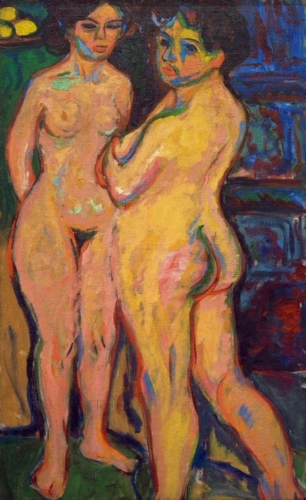 Ernst Ludwig Kirchner, Stehende nackte Mädchen am Ofen (Deutsche Kunst,Frau,Akt,Expressionismus,Kachelofen,Ofen (Heizung),Rückenakt,Die Brücke,Junge Frau,Doppelportrait,Ganzfigurig)