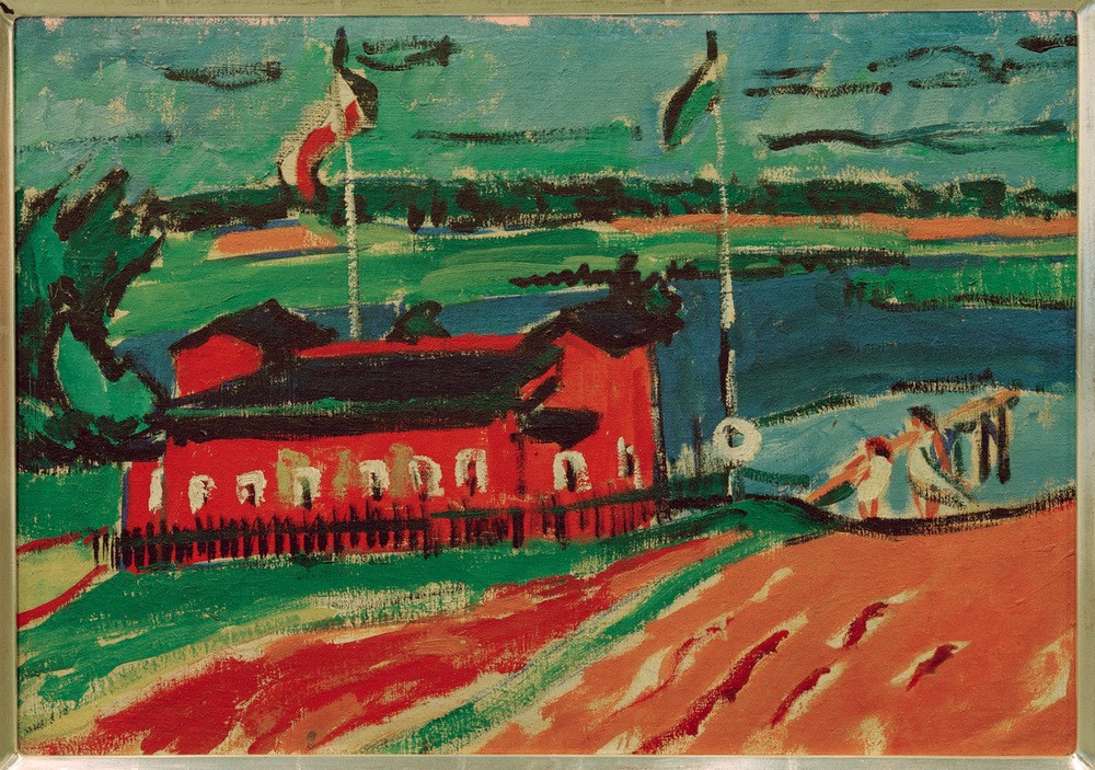 Ernst Ludwig Kirchner, Badeanstalt bei Dresden (Badeanstalt,Deutsche Kunst,Gewässer,Kunst,Landschaft,Schwimmbad,See,Expressionismus,Architekturdarstellung,Die Brücke)