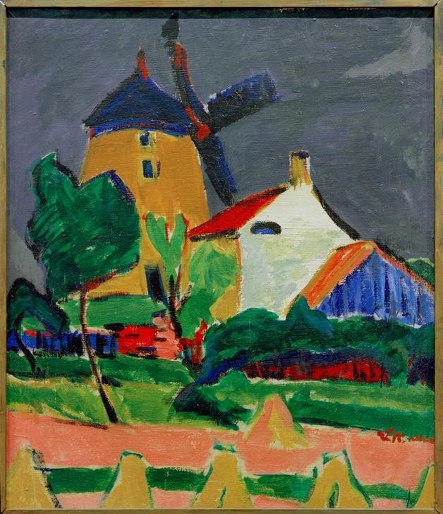 Ernst Ludwig Kirchner, Die Windmühle bei Moritzburg (Deutsche Kunst,Dorf,Kunst,Windmühle,Expressionismus,Architekturdarstellung,Die Brücke)