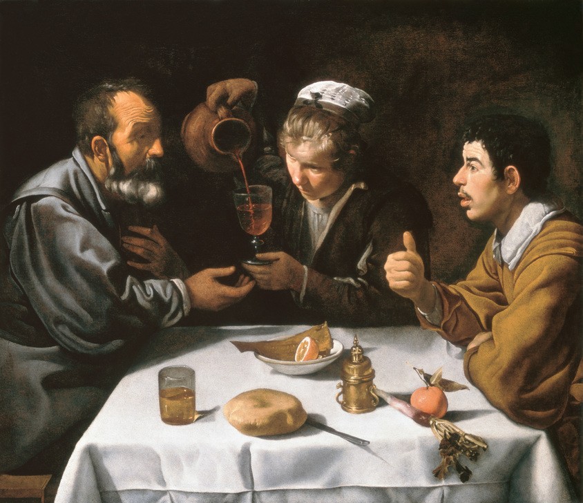 Diego Rodriguez de Silva y Velasquez, El Almuerzo (Bauer (Landwirt),Brot,Essen Und Trinken,Kunst,Tafelsitten,Volkskunde,Wein,Genussmittel,Barock,Nahrungsmittel,Fisch,Tischtuch,Genre,Weinglas,Einschenken,Salzfass,Zitrone,Landbevölkerung,Gedeckter Tisch,Land Und Leute)