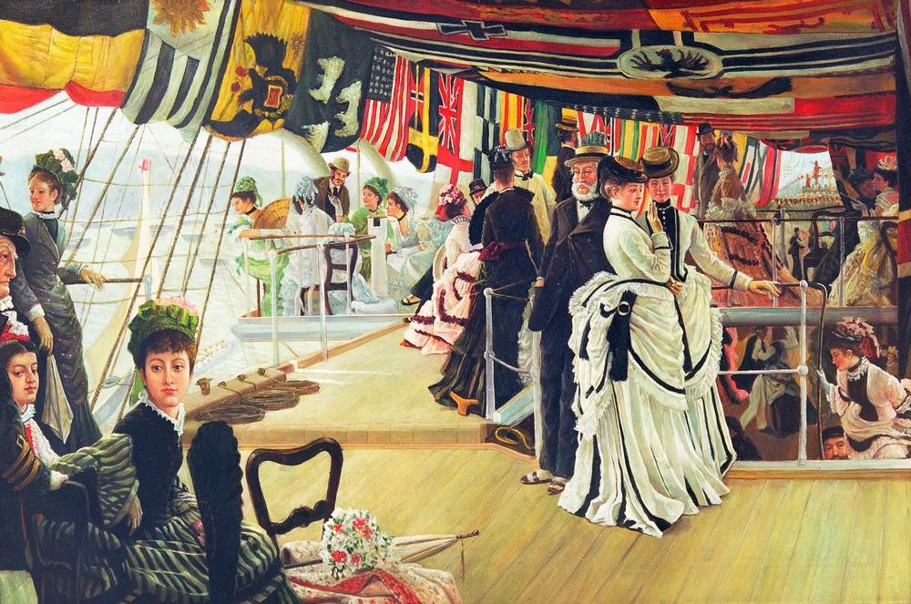 James Tissot (Jacques-Joseph), The ball on the shipboard (Abendgarderobe,Ball (Gesellschaft),Feste,Gesellschaftliches Leben,Mode,Freizeit,Schiff,Seereise,Reise,Festdekoration,Kopie,Englische Kunst,Kleid,Obere Zehntausend,Deck,Schiffsreise,Fahnenschmuck)