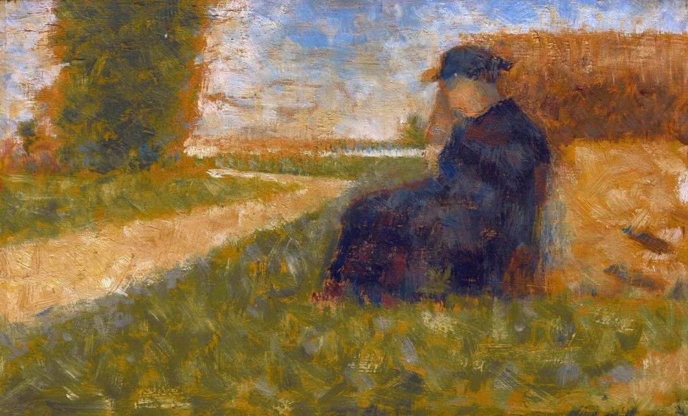 Georges Seurat, Figure massive dans un paysage à Barbizon (Kopfbedeckung,Kunst,Landschaft,Mensch,Rast,Freizeit,Impressionismus,Hut,Reise,Weg,Französische Kunst,Kleidung (Allgemein),Ausruhen,Sitzen,Ganzfigurig)