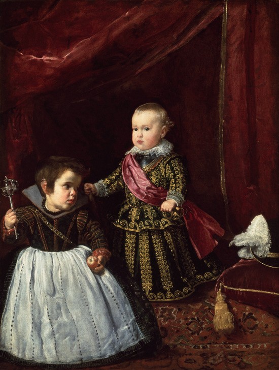 Diego Rodriguez de Silva y Velasquez, Prinz Baltasar Carlos und sein Zwerg (Geschichte,Kindermode,Kind,Kunst,Mode,Zwergwuchs,Zwerg,Barock,Höfische Gesellschaft,Kleinkind,Portrait,Habsburger,Spanische Kunst,Knabe,Kinderleben,Knabe In Mädchenkleid,Doppelportrait,Hofzwerg,Person,Prinz)