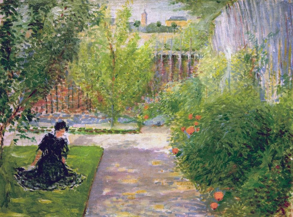 August Macke, Sonniger Garten (Deutsche Kunst,Frau,Garten Und Park,Kunst,Menschen Im Park,Freizeit,Sonne,Impressionismus,Gartenmauer,Rasen,Sitzen,Garten)