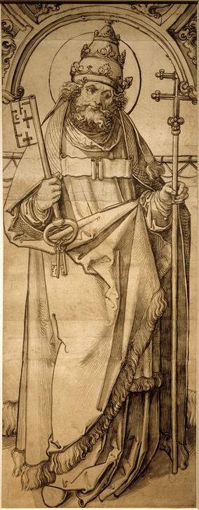 Albrecht Dürer, Hl. Petrus (Deutsche Kunst,Fenster,Kirche,Kunst,Papst,Religion,Renaissance,Bibel,Apostel,Schlüssel,Glasfenster,Tiara,Ornat (Geistlich),Chor (Architektur),Petrusschlüssel,Symbolik,Ausschnitt)