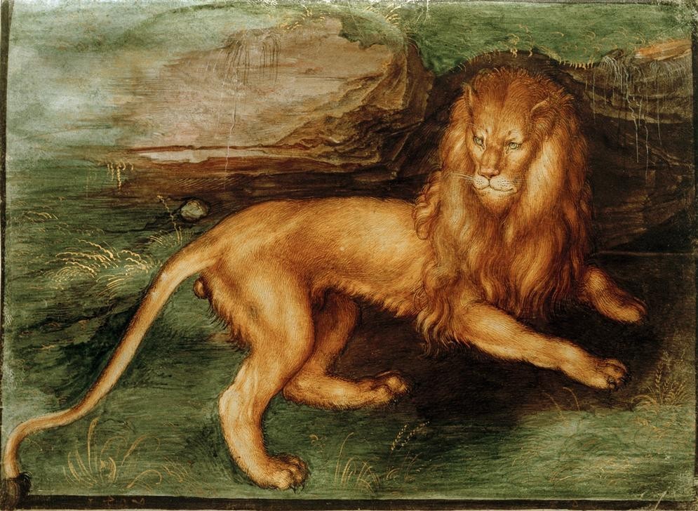 Albrecht Dürer, Löwe vor einer Höhle (Deutsche Kunst,Kunst,Löwe (Tier),Zoologie,Renaissance,Raubkatze,Raubtier,Grosskatze)