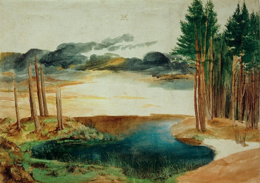 Albrecht Dürer, Weiher im Walde (Deutsche Kunst,Gewässer,Kunst,Landschaft,Wolke,Wald,Nadelwald,See,Renaissance,Ansicht,Baum (Toter))