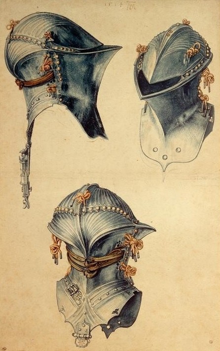 Albrecht Dürer, Turnierhelm in drei Ansichten (Deutsche Kunst,Helm,Kunst,Ritter,Rüstung (Schutzkleidung),Turnier,Renaissance,Perspektive,Studie)