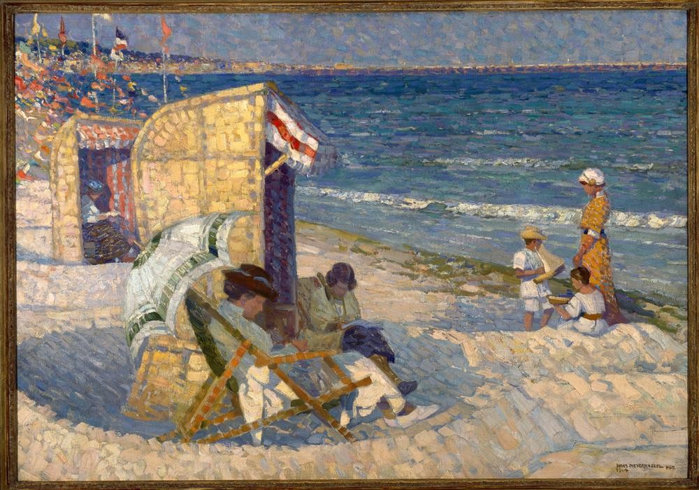 Hans Meyer-Kassel, Am Strand von Swinemünde (Meer, Meeresbrise, Strand, Sand, Sommer, Strandkorb, Sonnenlicht, Seebad, Touristen, Urlauber, Postimpressionismus, Klassische Moderne, Wunschgröße, Wohnzimmer)