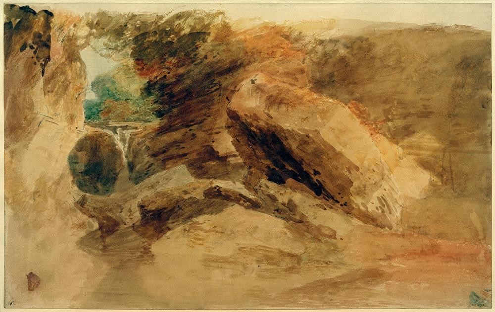 JOSEPH MALLORD WILLIAM TURNER, Rocks under a Cliff, with a Stream Falling into Narrow Channel (Kanal,Kunst,Landschaft,Felsen,Englische Kunst,Bach,Klippe)