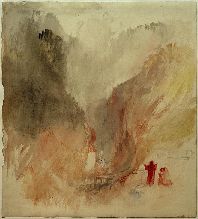 JOSEPH MALLORD WILLIAM TURNER, Looking up the Gorge at Pre-Saint Didier (Brücke,Gebirge,Kunst,Landschaft,Mönch,Schlucht,Englische Kunst,Romantik,Badehaus)