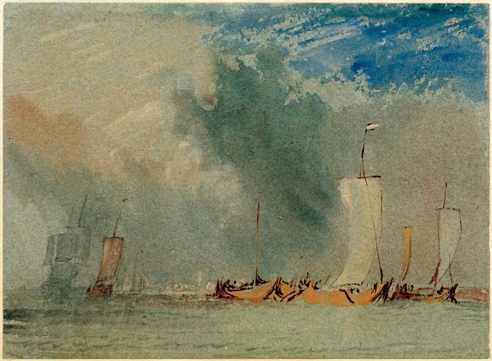 JOSEPH MALLORD WILLIAM TURNER, Near Nantes: Loire Barges in the Gust of a Wind (Kunst,Landschaft,Schiffstypen,Segelschiff,Segelboot,Fluss,Lastkahn,Marinemalerei,Englische Kunst,Romantik,Flusschiffahrt,Schifffahrt)