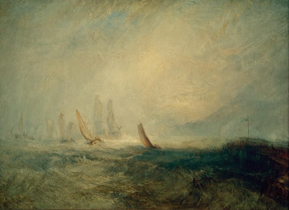 JOSEPH MALLORD WILLIAM TURNER, Fishing Boats Bringing a Disabled Ship into Port Ruysdael (Kunst,Landschaft,Schiff,Schiffstypen,Segelschiff,Fischerboot,Meer,Englische Kunst,Abschleppen,Romantik,Beschädigung,Schifffahrt)