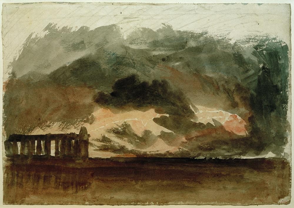 JOSEPH MALLORD WILLIAM TURNER, Paestum in a Thunderstorm (Gewitter,Himmel (Natur),Kunst,Landschaft,Meteorologie,Tempel,Wetter,Wolke,Englische Kunst,Unwetter,Romantik,Schlechtes Wetter)