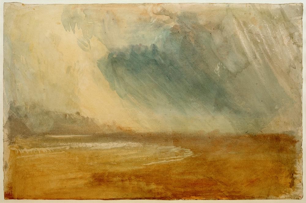 JOSEPH MALLORD WILLIAM TURNER, Rain Clouds Sweeping over a Beach: possibly near Dunstanbrough Castle (Himmel (Natur),Küste,Kunst,Landschaft,Meteorologie,Regen,Strand,Wetter,Wolke,Meer,Englische Kunst,Romantik,Schlechtes Wetter)