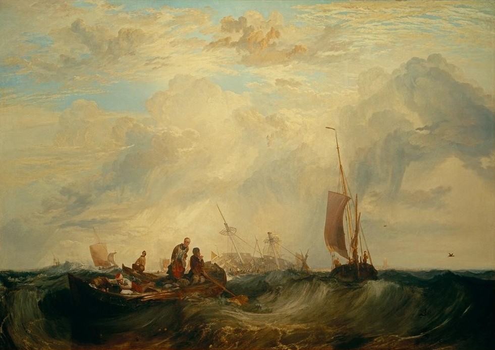 JOSEPH MALLORD WILLIAM TURNER, Entrance of the Meuse: Orange-Merchant on the Bar, Going to Pieces (Himmel (Natur),Kunst,Landschaft,Ruderboot,Schiffbruch Und Unglück,Schiff,Segelschiff,Wetter,Wolke,Meer,Marinemalerei,Seenot,Englische Kunst,Schiffbruch,Seehandel,Welle,Handelsschiff,Romantik,Schiffbrüchige,Mündung,Sturm,Schifffahrt)