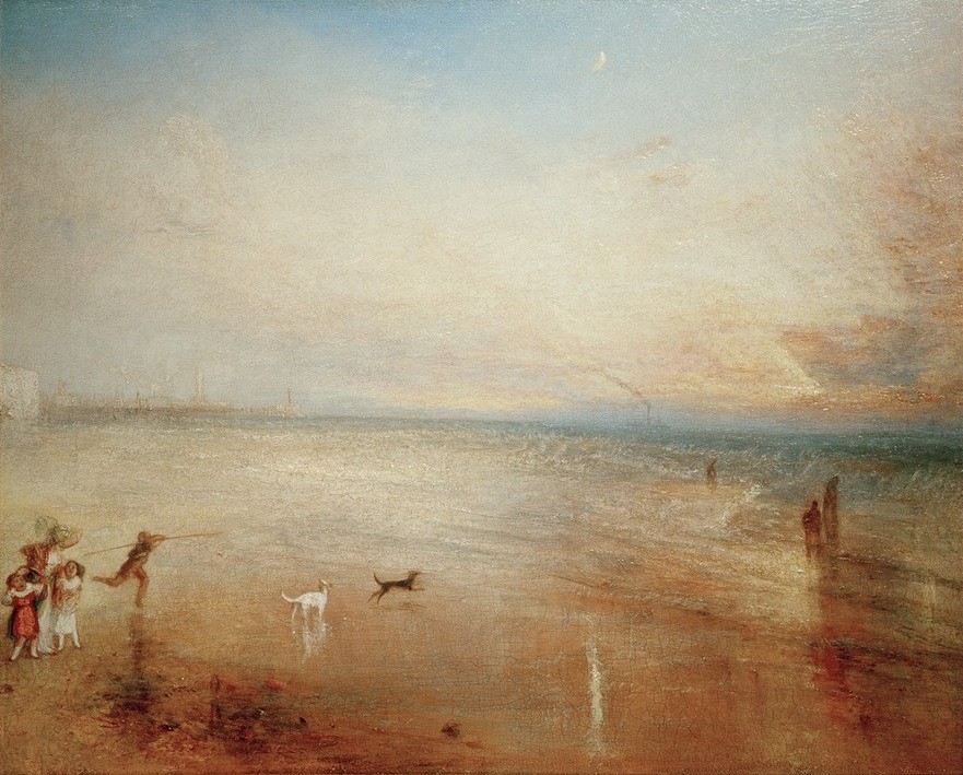 JOSEPH MALLORD WILLIAM TURNER, The New Moon (Himmel (Natur),Kunst,Landschaft,Mond,Mutter Und Kind,Seebad,Spaziergang,Strand,Meer,Hund,Englische Kunst,Romantik,Reifen (Reif),Neumond)