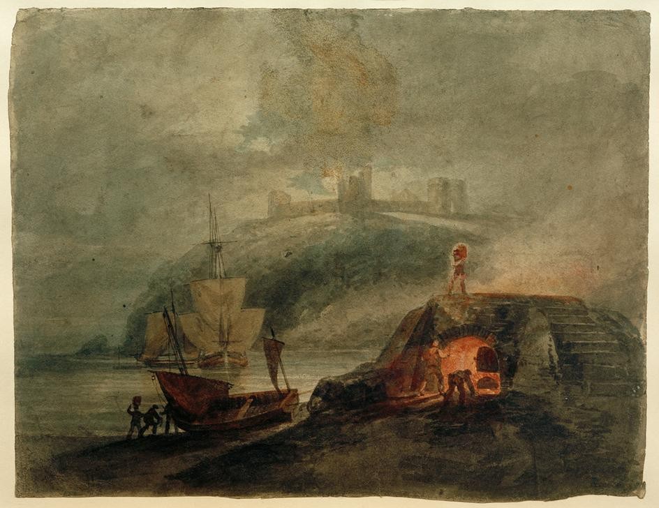 JOSEPH MALLORD WILLIAM TURNER, Llanstephan Castle by Moonlight, with a Kiln in the Foreground (Burg (Bauwerk),Geographie,Küste,Kunst,Landschaft,Schloss,Fischerboot,Tageszeiten,Nacht,Meer,Englische Kunst,Brennofen,Topographie,Feuerschein)