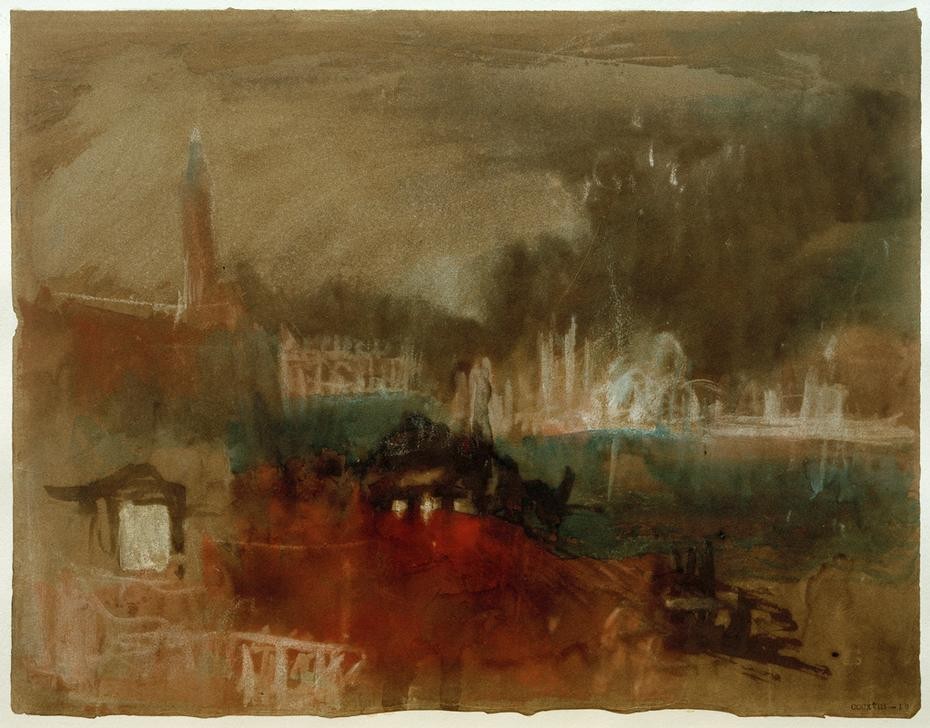JOSEPH MALLORD WILLIAM TURNER, Venice: Fireworks on the Molo (Feuerwerk,Geographie,Kunst,Mole,Teilansicht,Nacht,Stadtansicht,Architekturdarstellung,Englische Kunst,Romantik,Topographie)