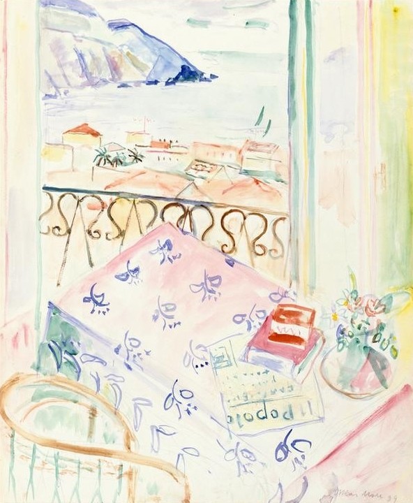 Oskar Moll, Balkonzimmer mit Blick auf Positano (Balkon,Deutsche Kunst,Kunst,Tisch,Interieur,Blick Aus Dem Fenster,Privatsammlung,)