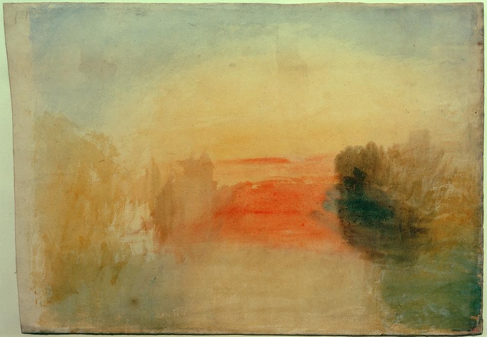 JOSEPH MALLORD WILLIAM TURNER, River Scene: Sunset (Himmel (Natur),Kunst,Landschaft,Sonnenuntergang,Tageszeiten,Abend,Fluss,Englische Kunst,Romantik)