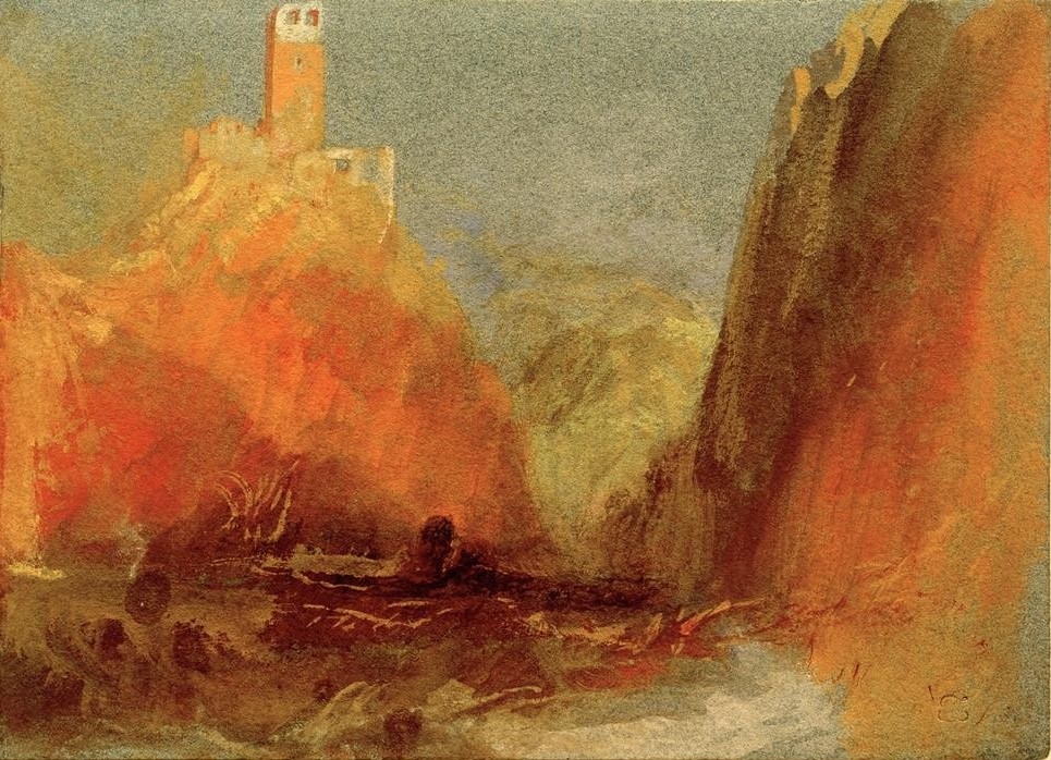 JOSEPH MALLORD WILLIAM TURNER, Moselle(?) (Burg (Bauwerk),Burgruine,Kunst,Landschaft,Fluss,Felsen,Englische Kunst,Romantik)