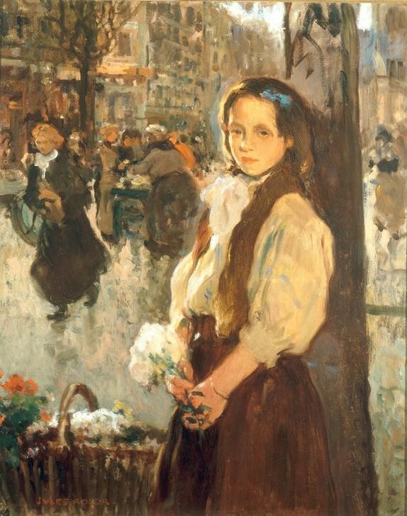 Jules Adler, Jeune fleuriste (GROSSSTADTKIND, HANDEL, KINDERARBEIT, KIND, KUNST, MÄDCHEN, STRASSENHANDEL, STRASSENSZENE, REALISMUS, FRANZÖSISCHE KUNST, BLUMENVERKÄUFERIN, BLUME)