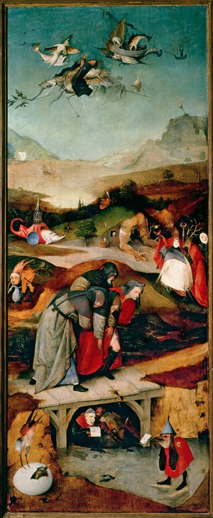 Hieronymus Bosch, Der Flug und Sturz des hl. Antonius (Christentum,Heilige,Religion,Altar,Renaissance,Fabelwesen,Dämon,Absturz,Heiligenlegende,Phantastische Kunst,Niederländische Kunst,Fliegen,Seitenflügel (Altar))
