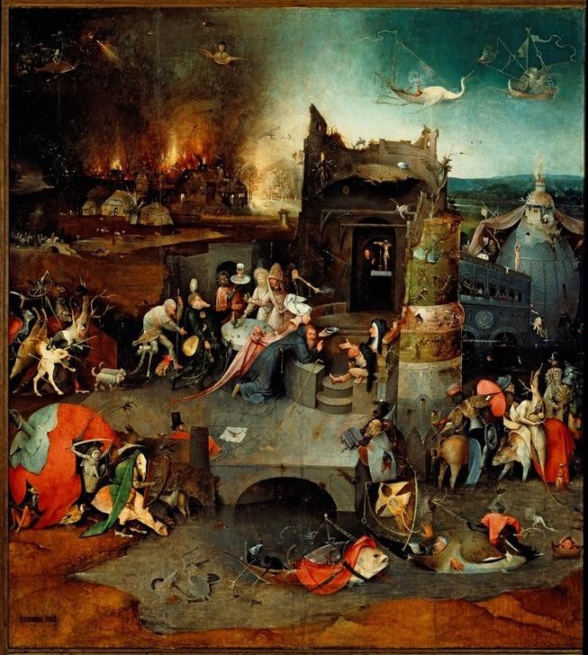 Hieronymus Bosch, Die Versuchung des heiligen Antonius (Christentum,Heilige,Kunst,Religion,Altar,Renaissance,Fabelwesen,Dämon,Heiligenlegende,Versuchung,Phantastische Kunst,Niederländische Kunst)