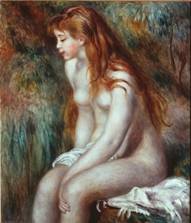 Pierre-Auguste Renoir, Jeune Baigneuse (Bad Im Freien,Bad,Frau,Jugend (Lebensalter),Mädchen,Maler (Künstler),Impressionismus,Akt,Französische Kunst,Langes Haar,Sitzen,Junge Frau)