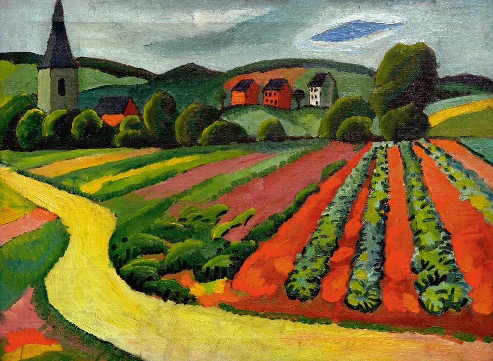 August Macke, Landschaft mit Kirche und Weg (Deutsche Kunst,Kirche,Kunst,Landschaft,Expressionismus,Der Blaue Reiter,Feldweg)