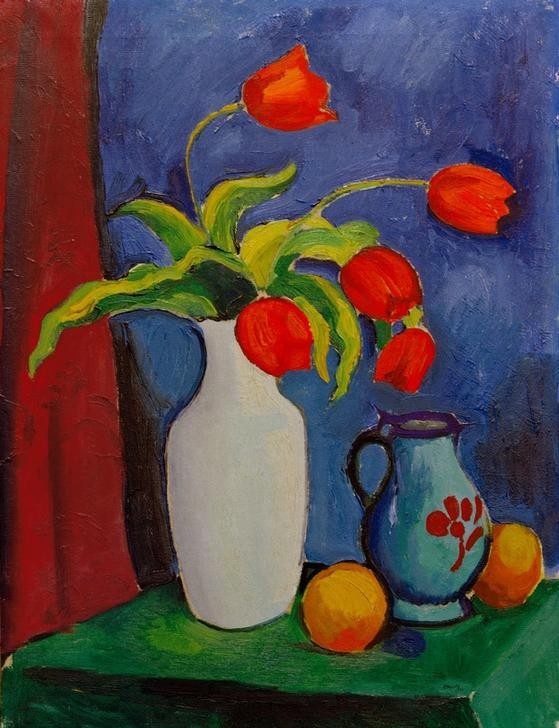 August Macke, Rote Tulpen in weißer Vase (Deutsche Kunst,Kunst,Tulpe,Stillleben,Expressionismus,Der Blaue Reiter,Vase,Blume,Krug)