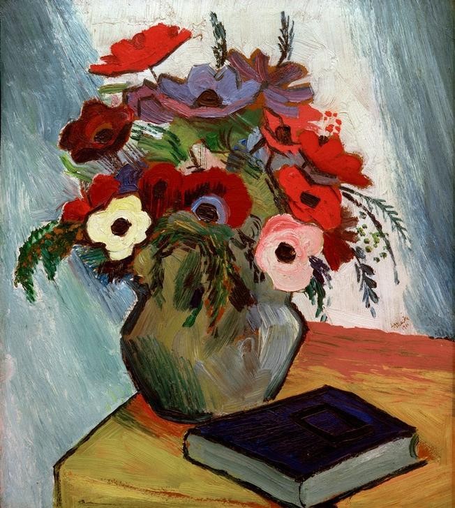 August Macke, Stilleben mit Anemonen und blauem Buch (Anemone,Buch,Deutsche Kunst,Kunst,Stillleben,Expressionismus,Der Blaue Reiter,Blumenstrauss,Blume)