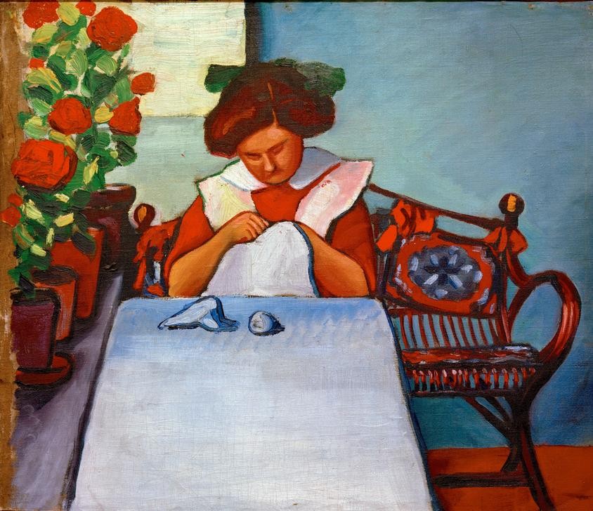 August Macke, Grete Thuar am Tisch (Deutsche Kunst,Frau,Handarbeit,Der Blaue Reiter,Junge Frau)