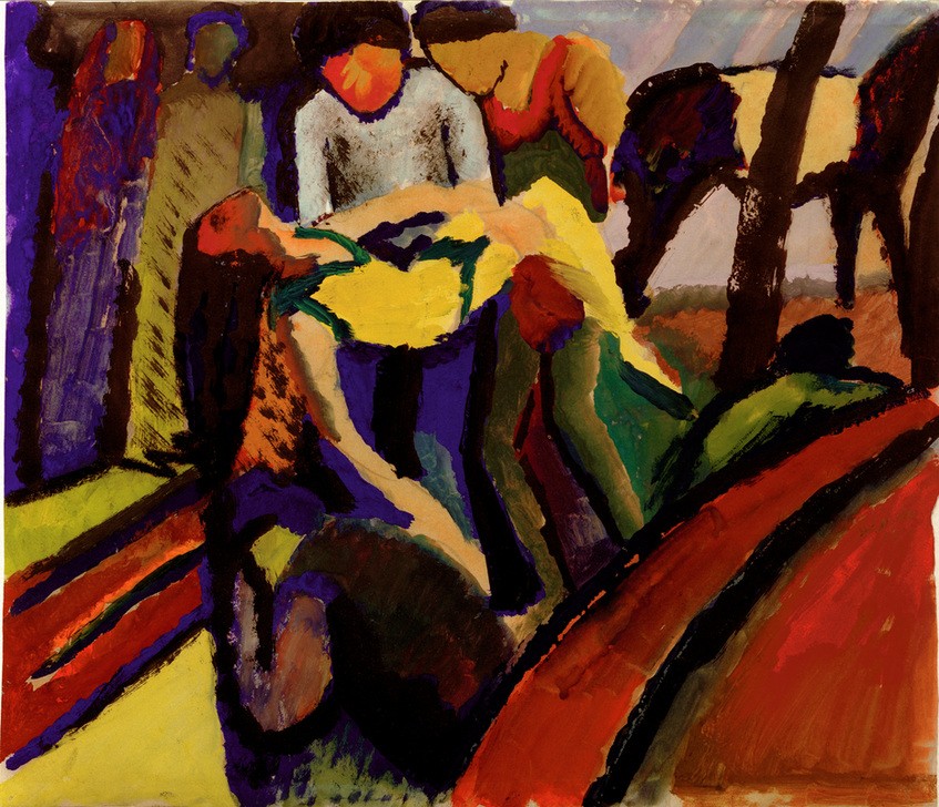 August Macke, Gestürzt (Deutsche Kunst,Frau,Kunst,Mann,Pferd (Tier),Unfall,Unfall Und Unglück,Expressionismus,Der Blaue Reiter,Sportunfall,Sturz,Reiterin,Tragen,Hilfeleistung,Tier,Auf Händen Tragen)