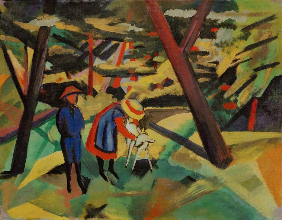 August Macke, Kinder mit Ziege im Wald (Deutsche Kunst,Kind,Wald,Ziege,Expressionismus,Der Blaue Reiter,Kinderleben)