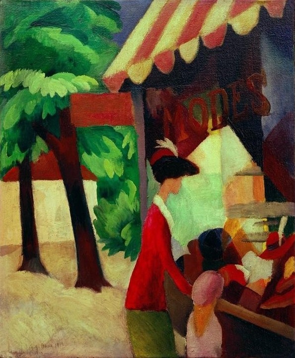 August Macke, Vor dem Hutladen (Deutsche Kunst,Handel,Mädchen,Mode,Mutter Und Kind,Schaufenster,Strassenszene,Szene,Expressionismus,Hutgeschäft,Einkauf,Betrachten,Stadtbummel,Markise,Rot,Passantin,Vorkriegszeit)